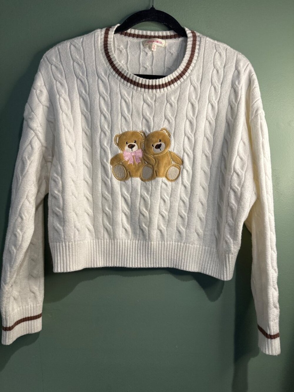 Stella Tweed Teddy Bear Cable Knit Sweater Womens M White Coquette Preppy